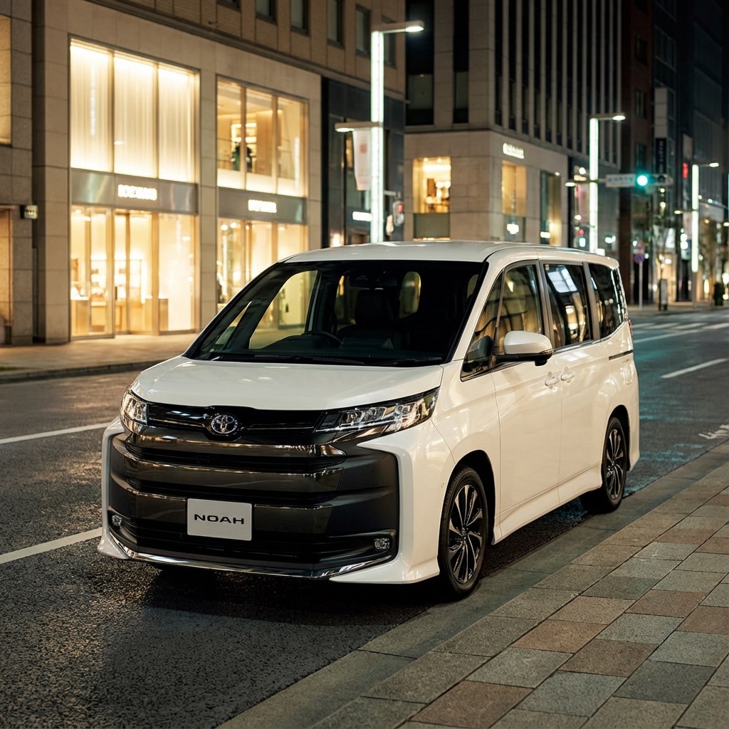 Toyota Noah 在日本城市夜景道路旁的 AI 模擬示意圖