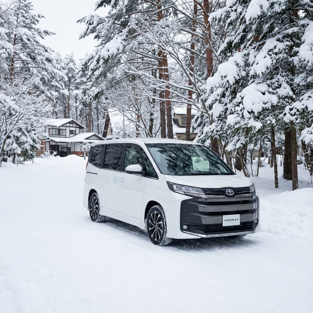 Toyota Noah 在雪景道路中的 AI 模擬示意圖